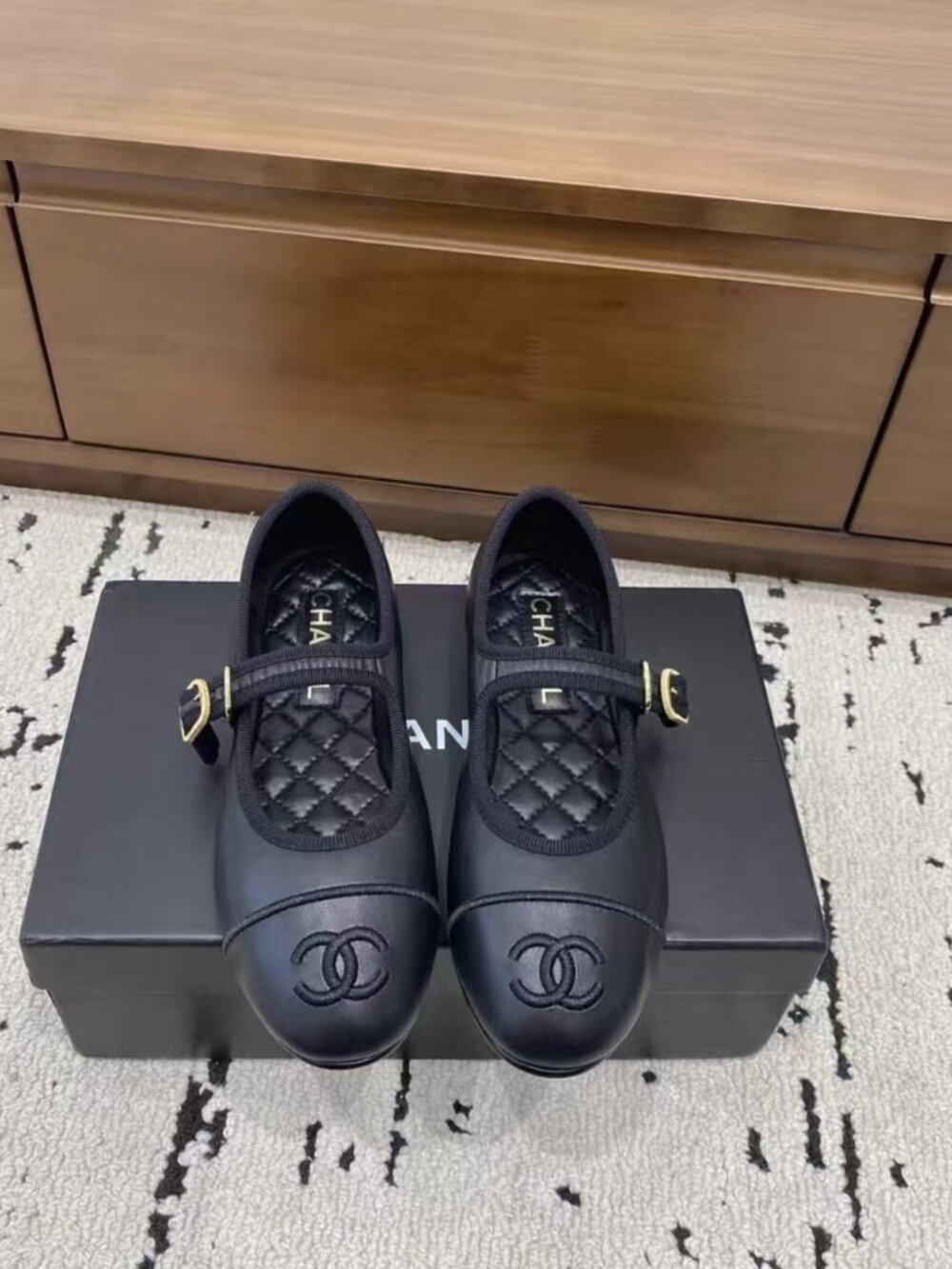 Chanel Black Leather Mary‑Jane Buckle Ballerina Flats